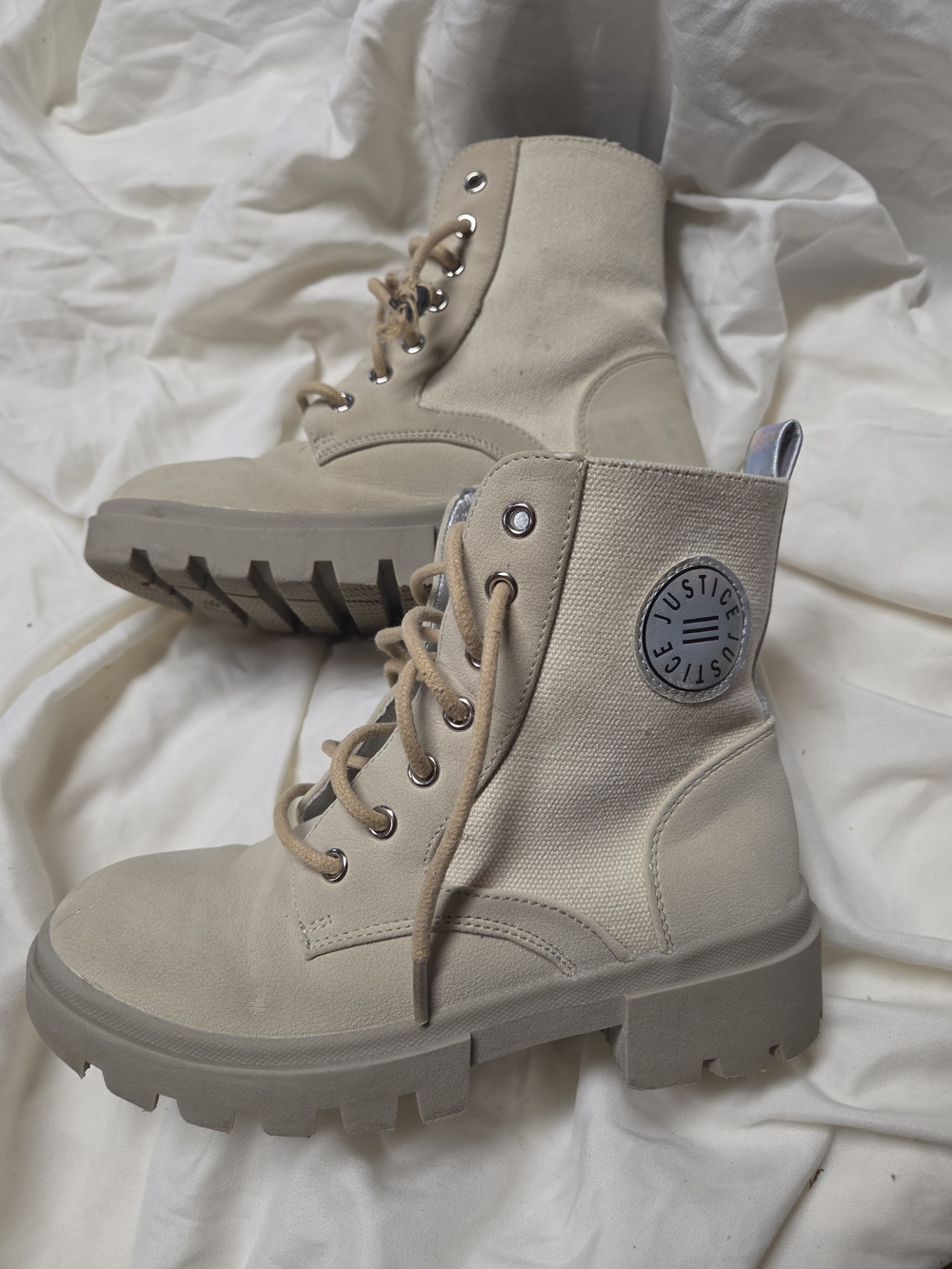 Justice Cream Lace-Up Lug Sole Combat Boots
